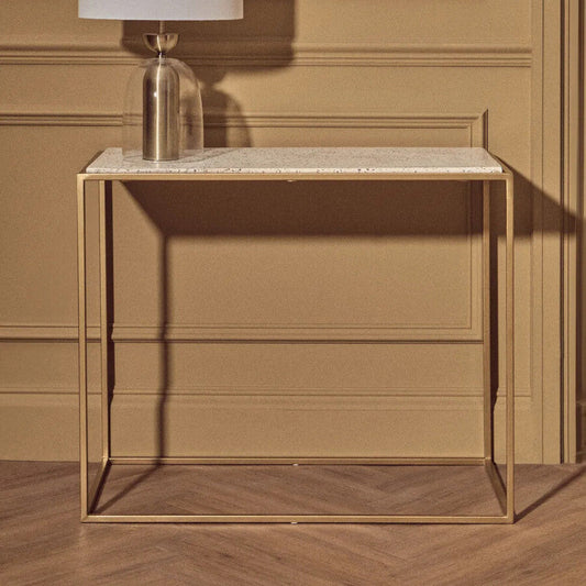 Gold Finish Metal Console Table with White Marble Rectangular Top, Templar