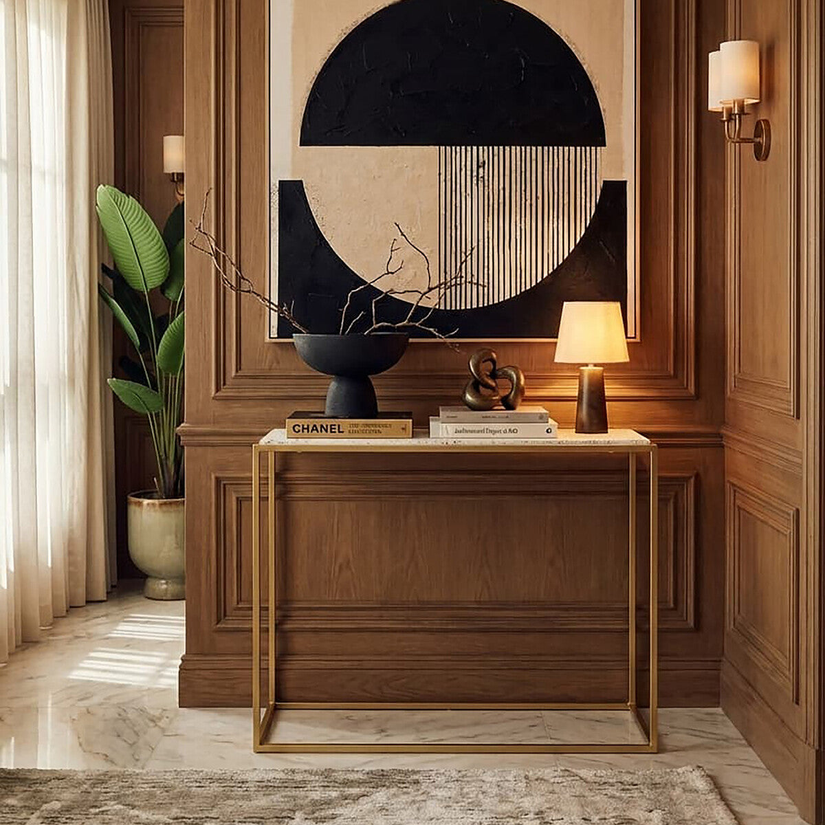 Gold Finish Metal Console Table with White Marble Rectangular Top | Templar