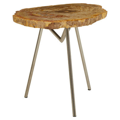 Natural Large Rustic Petrified Wood Top Side Table with Silver Finish Metal Frame | Relic