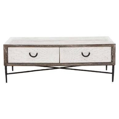 Dark Mud Grey Recycled Elm Wood Coffee Table with Two Storage Drawers and Metal Frame, Milan