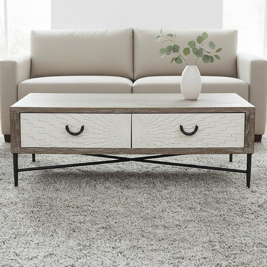Dark Mud Grey Recycled Elm Wood Coffee Table with Two Storage Drawers and Metal Frame, Milan