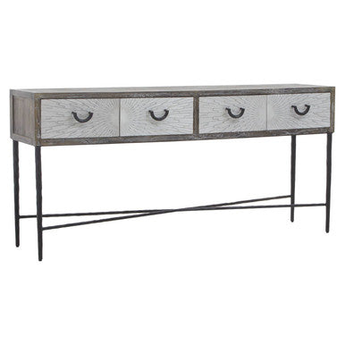 Dark Mud Grey Elm Wood 4-Drawer Console Table Textured Drawer Fronts and Antique Metal Legs, Milan