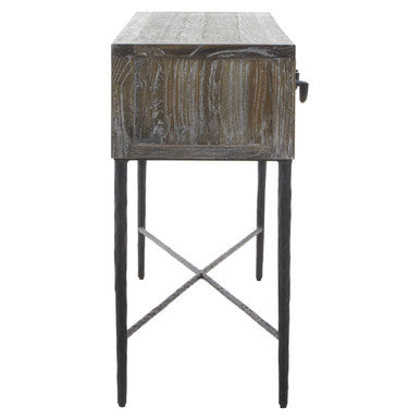 Dark Mud Grey Elm Wood 4-Drawer Console Table Textured Drawer Fronts and Antique Metal Legs, Milan
