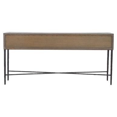 Dark Mud Grey Elm Wood 4-Drawer Console Table Textured Drawer Fronts and Antique Metal Legs, Milan