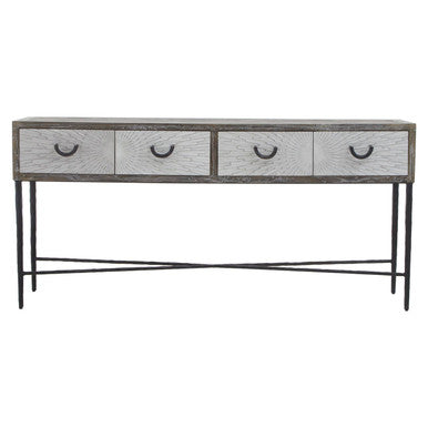 Dark Mud Grey Elm Wood 4-Drawer Console Table Textured Drawer Fronts and Antique Metal Legs, Milan