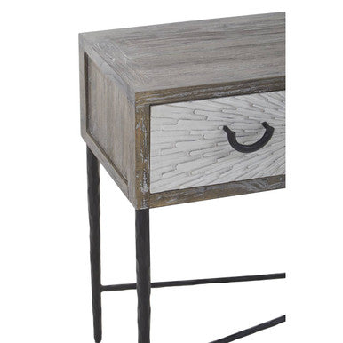 Dark Mud Grey Elm Wood 4-Drawer Console Table Textured Drawer Fronts and Antique Metal Legs, Milan