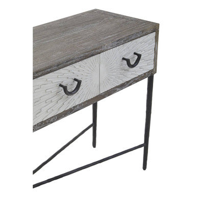 Dark Mud Grey Elm Wood 4-Drawer Console Table Textured Drawer Fronts and Antique Metal Legs, Milan