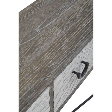 Dark Mud Grey Elm Wood 4-Drawer Console Table Textured Drawer Fronts and Antique Metal Legs, Milan
