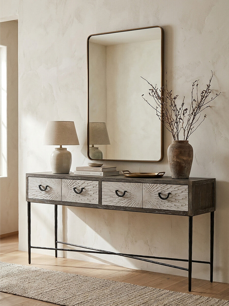 Dark Mud Grey Elm Wood 4-Drawer Console Table Textured Drawer Fronts and Antique Metal Legs, Milan