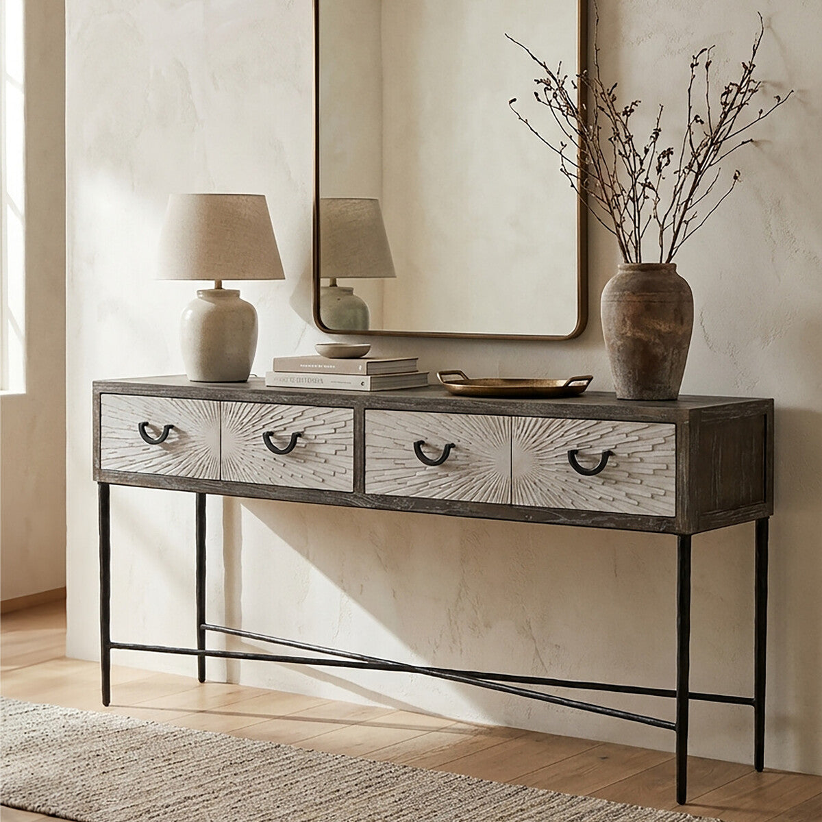 Dark Mud Grey Elm Wood 4-Drawer Console Table Textured Drawer Fronts and Antique Metal Legs, Milan