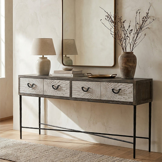 Dark Mud Grey Elm Wood 4-Drawer Console Table Textured Drawer Fronts and Antique Metal Legs, Milan