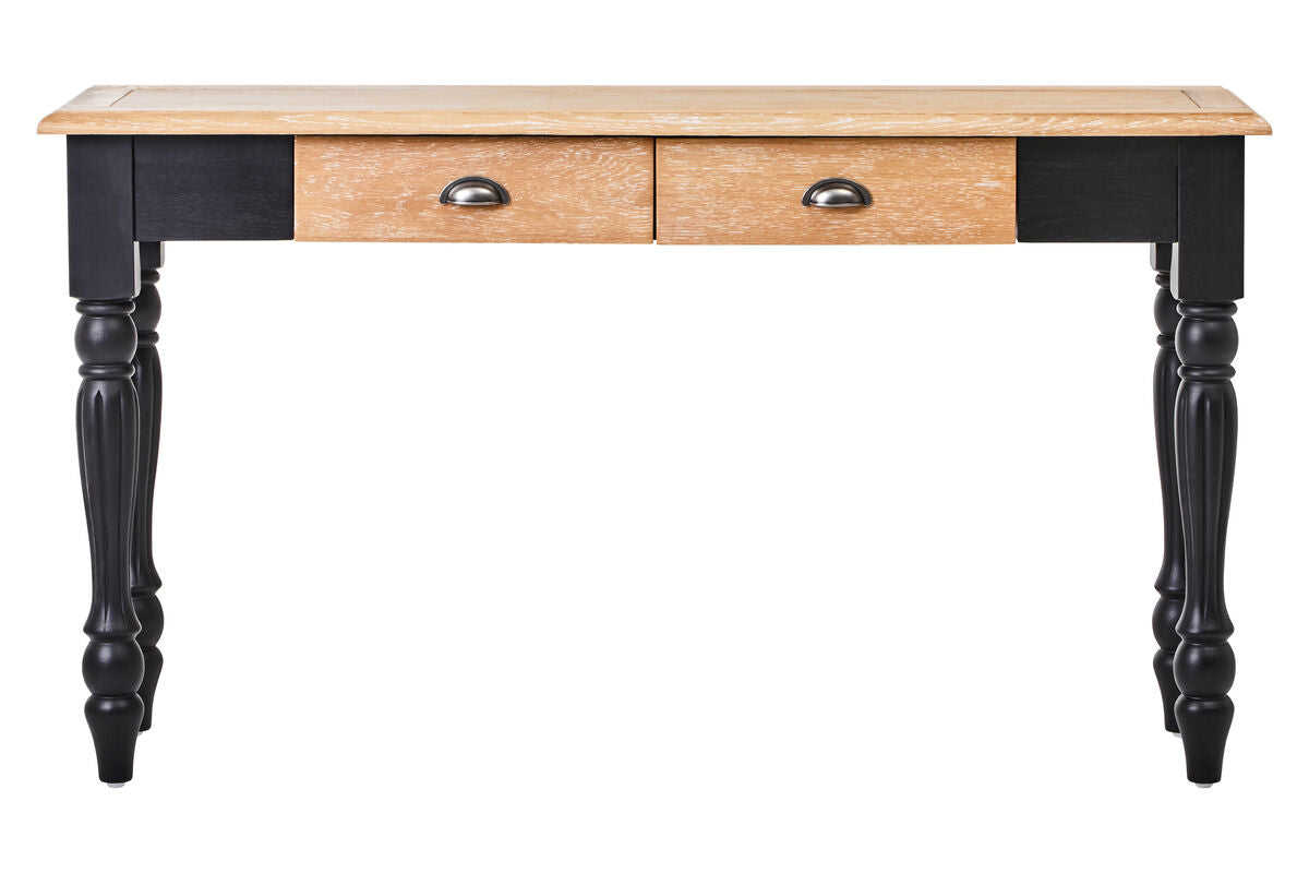 Natural Oak Veneer Top 2-Drawer Console Table with Black Knopped Birchwood Legs and Silver Cupped Handles | Kensington Townhouse