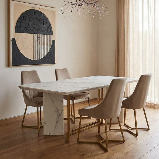 Rectangular White Marble Dining Table with Gold Finish Legs, Vieste