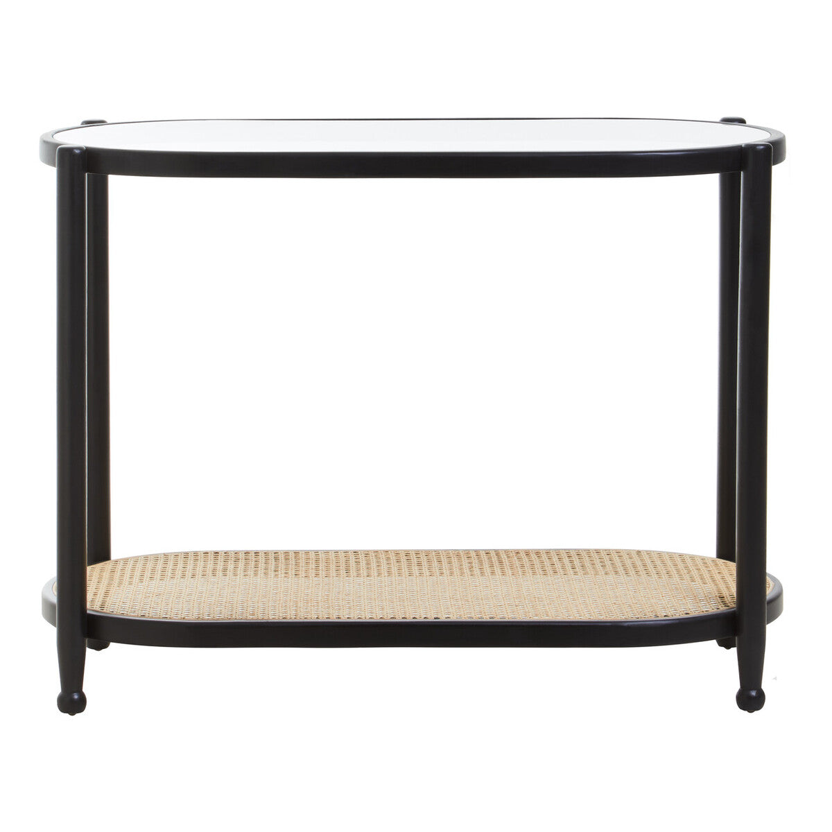 Black Elm Wooden Frame and Clear Glass Top 2-Tier Console Table with Natural Rattan Shelf, Cebu