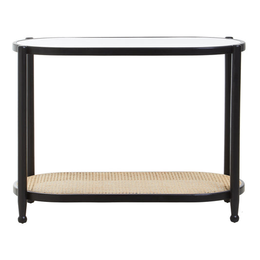 Black Elm Wooden Frame and Clear Glass Top 2-Tier Console Table with Natural Rattan Shelf, Cebu