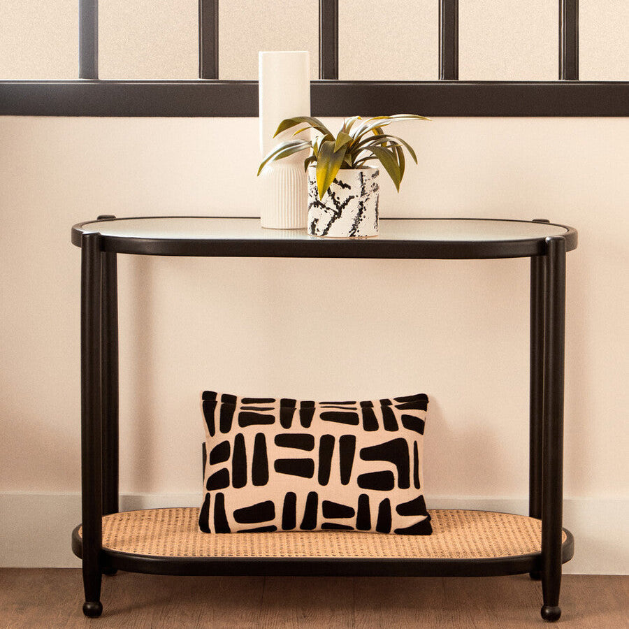 Black Elm Wooden Frame and Clear Glass Top 2-Tier Console Table with Natural Rattan Shelf, Cebu