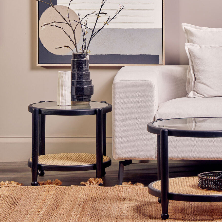 Black Elm Wood Side Table with Glass Top and Cane Open Weave Lower Shelf, Cebu