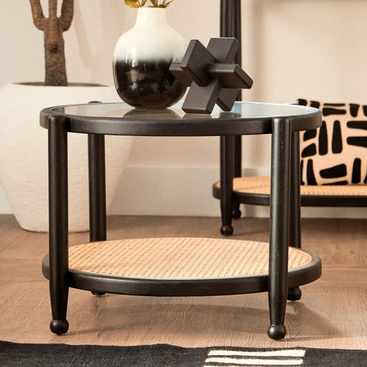 Black Wood and Rattan Frame Coffee Table with Glass Top, Cebu
