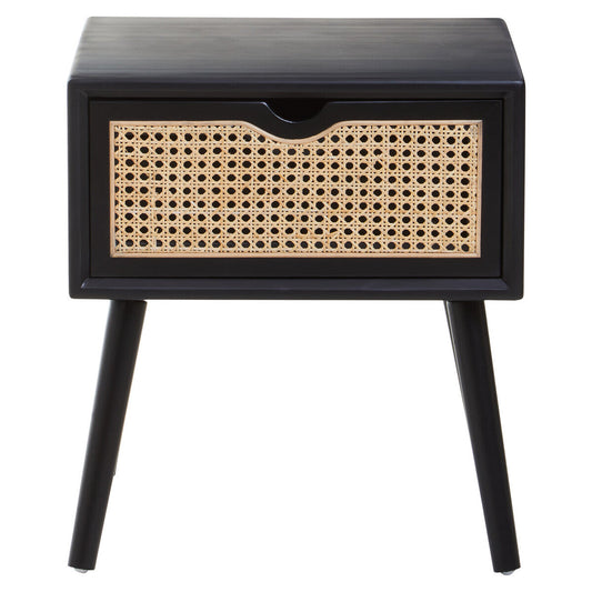 Cebu Black Side Table with Rattan Drawer