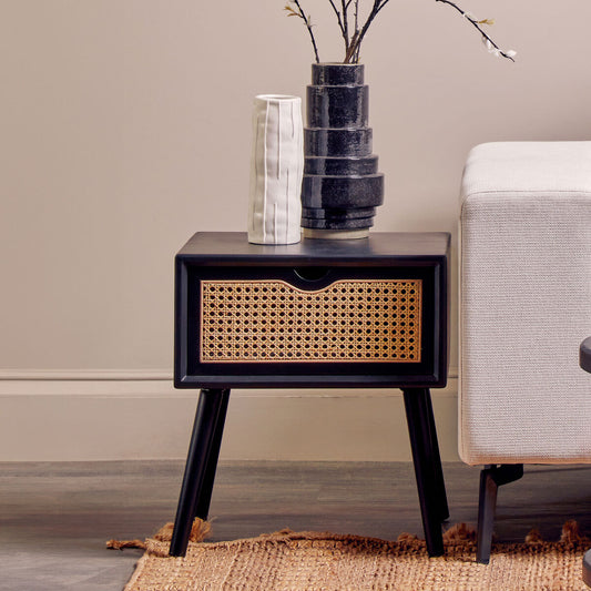Cebu Black Side Table with Rattan Drawer