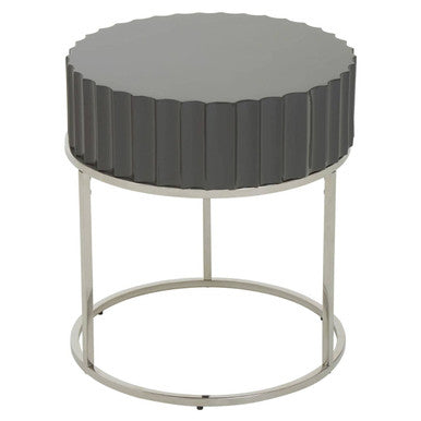 Grey Gloss Round Fluted Top Side Table with Silver Stainless Steel Frame, Genoa