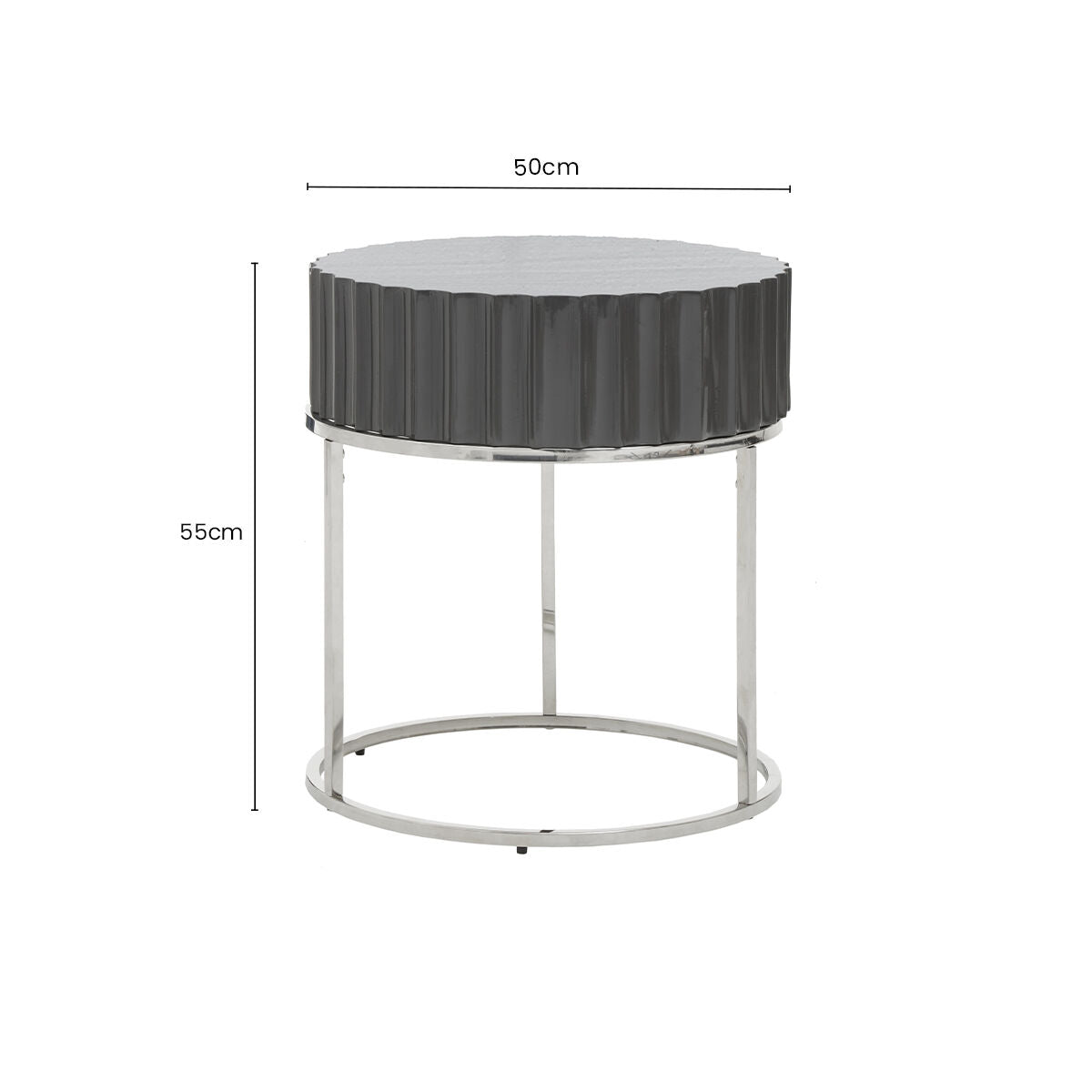 Grey Gloss Round Fluted Top Side Table with Silver Stainless Steel Frame, Genoa
