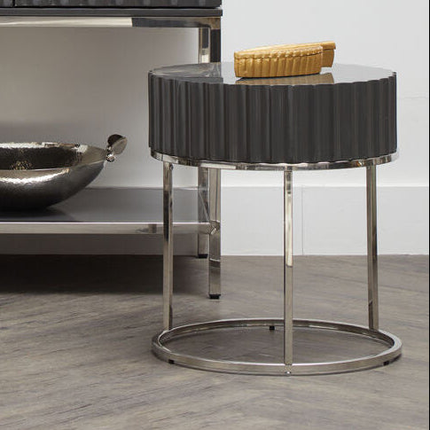 Grey Gloss Round Fluted Top Side Table with Silver Stainless Steel Frame, Genoa