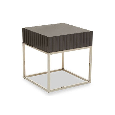Grey Gloss Square Side Table with Fluted Carved Top and Silver Stainless Steel Frame | Genoa
