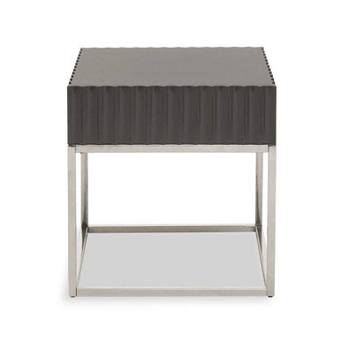 Grey Gloss Square Side Table with Fluted Carved Top and Silver Stainless Steel Frame | Genoa