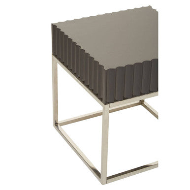 Grey Gloss Square Side Table with Fluted Carved Top and Silver Stainless Steel Frame | Genoa