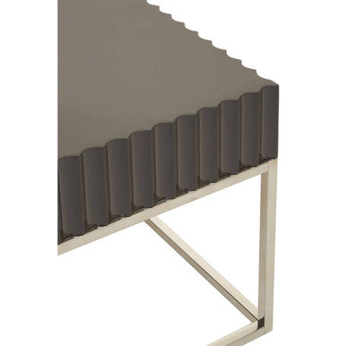 Grey Gloss Square Side Table with Fluted Carved Top and Silver Stainless Steel Frame | Genoa