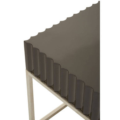 Grey Gloss Square Side Table with Fluted Carved Top and Silver Stainless Steel Frame | Genoa