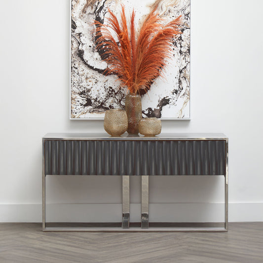 Grey Gloss Finish Fluted Top Console Table with 2 Drawers and Silver Steel Frame | Genoa