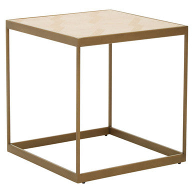 Natural Oak Veneer Small Side Table with Brown Brushed Brass Steel Sledge Base | Grenoble