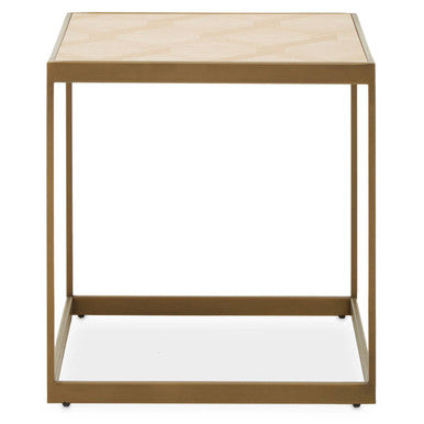Natural Oak Veneer Small Side Table with Brown Brushed Brass Steel Sledge Base | Grenoble