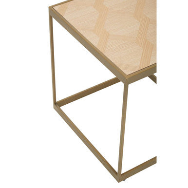 Natural Oak Veneer Small Side Table with Brown Brushed Brass Steel Sledge Base | Grenoble