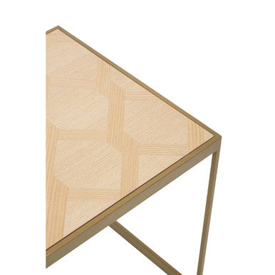 Natural Oak Veneer Small Side Table with Brown Brushed Brass Steel Sledge Base | Grenoble