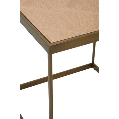 Natural Oak Veneer Large Side Table with Brown Brushed Brass Steel Sledge Base, Grenoble