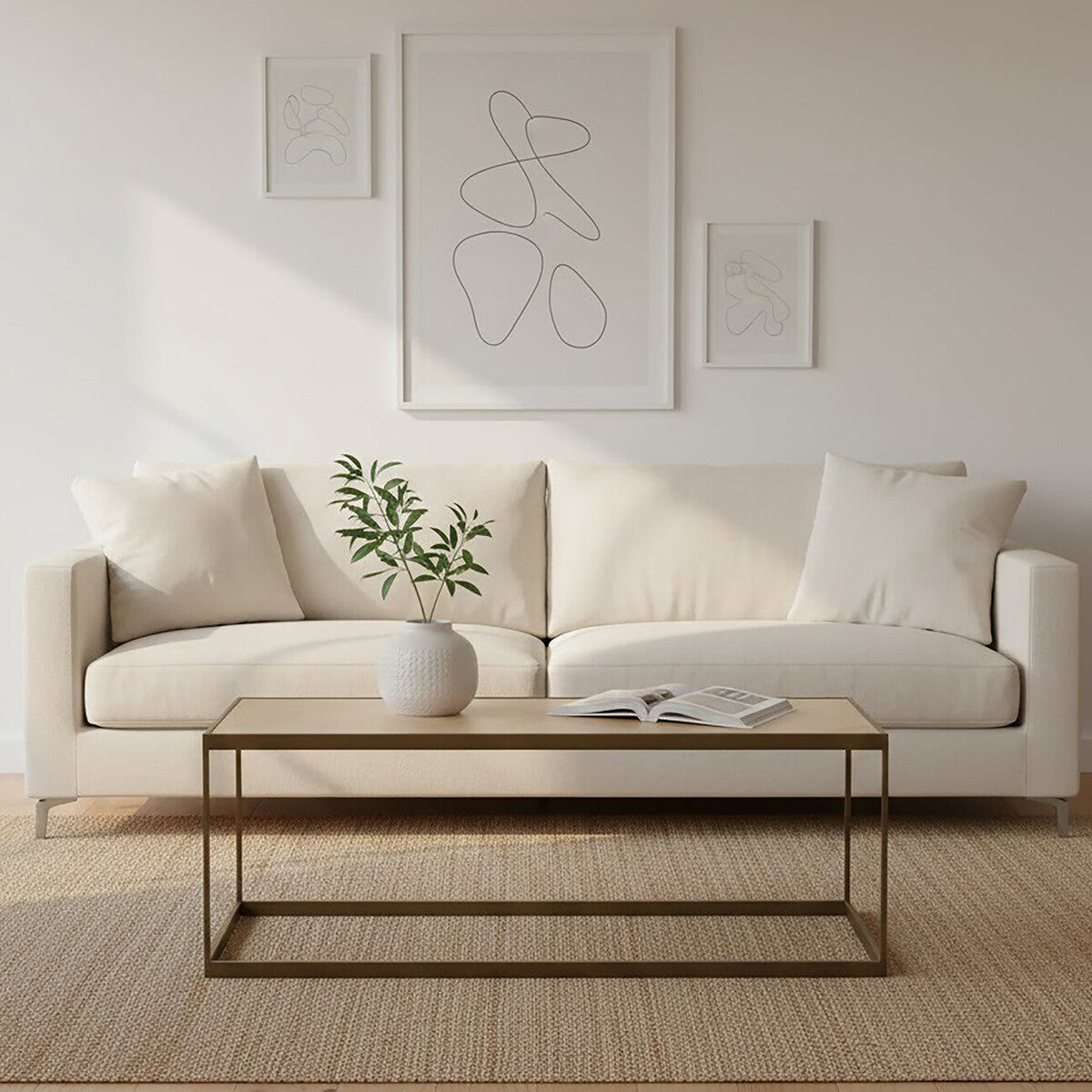 Brown Oak Veneer Top and Brushed Brass Frame Coffee Table, Grenoble