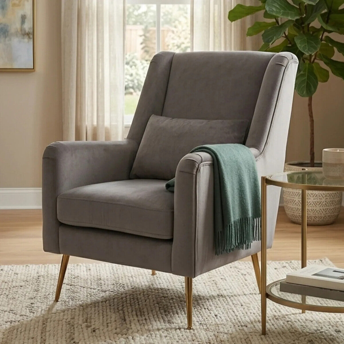 Doucet Grey Velvet Chair With Gold Finish Legs