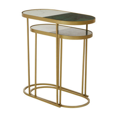 Set of 2 Marble Top Nesting Side Tables with Slim Antique Brass Finish Geometric Base | Suar
