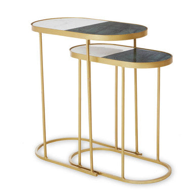 Set of 2 Marble Top Nesting Side Tables with Slim Antique Brass Finish Geometric Base, Suar