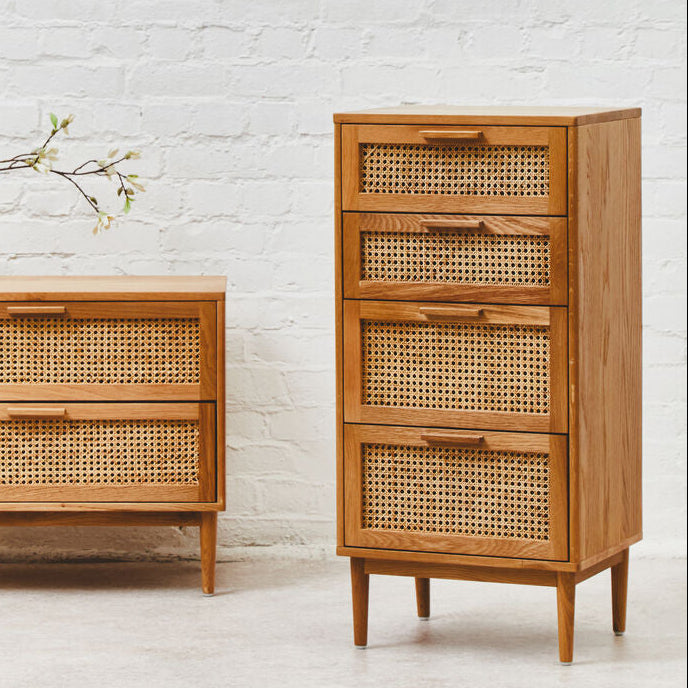 Lyon Rattan and Oak Wood Chest of Four Drawers