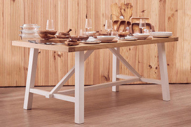 Natural Reclaimed Oak and Birch Wood Rectangular Dining Table with White Painted Base | Parkside