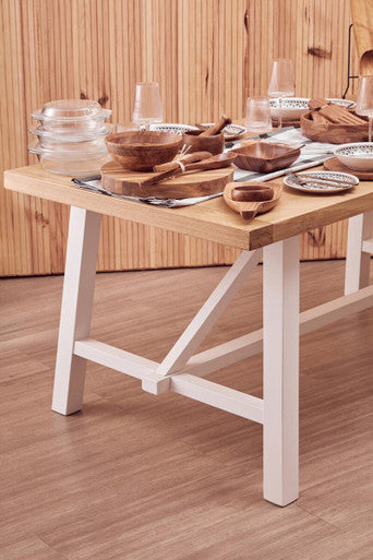 Natural Reclaimed Oak and Birch Wood Rectangular Dining Table with White Painted Base, Parkside
