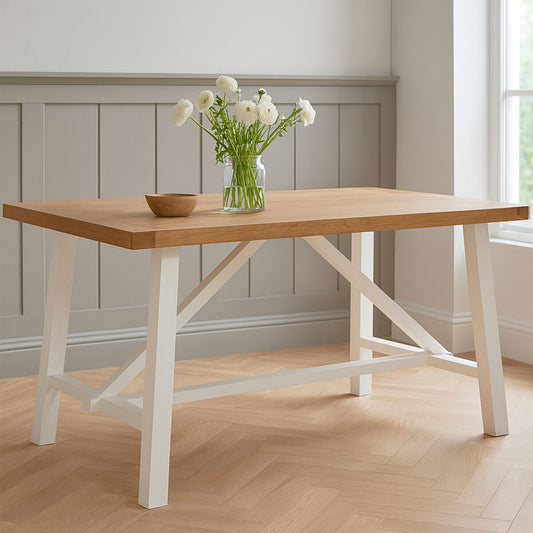 Natural Reclaimed Oak and Birch Wood Rectangular Dining Table with White Painted Base | Parkside