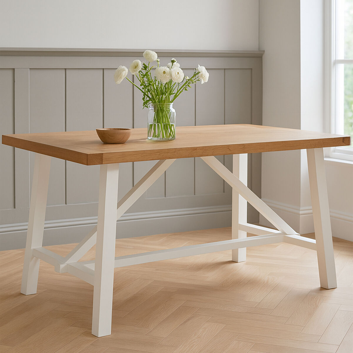 Natural Reclaimed Oak and Birch Wood Rectangular Dining Table with White Painted Base, Parkside