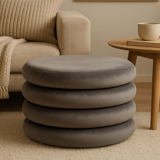 Hartford Grey Velvet Round Pouffe with Footrest