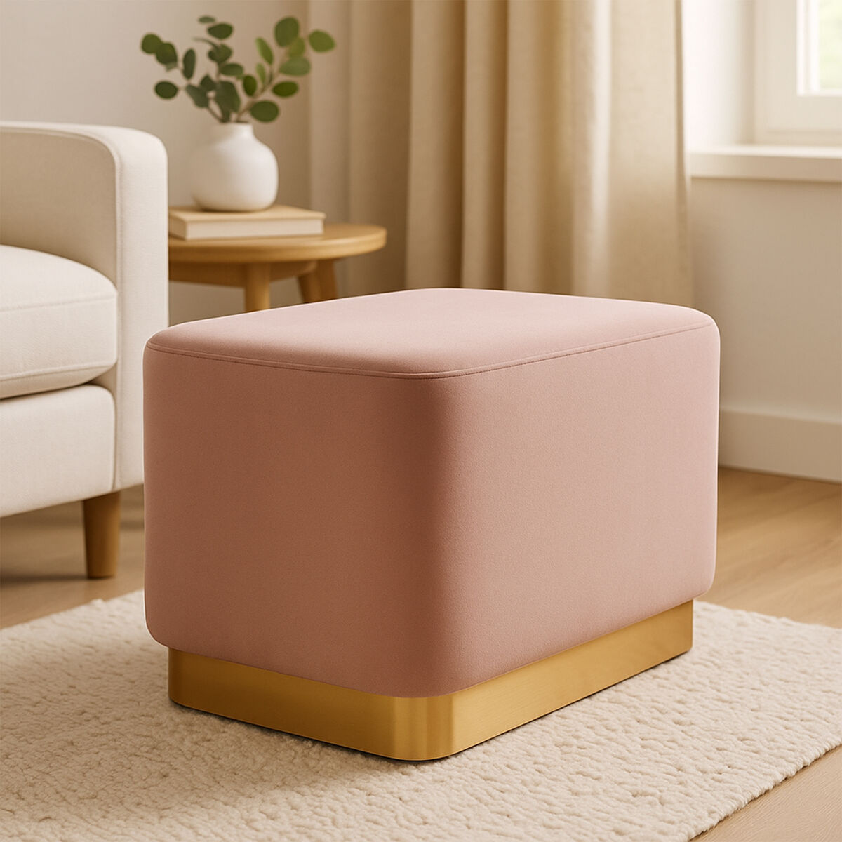 Hartford Dusty Pink Velvet and Matte Gold Rectangular Pouffe