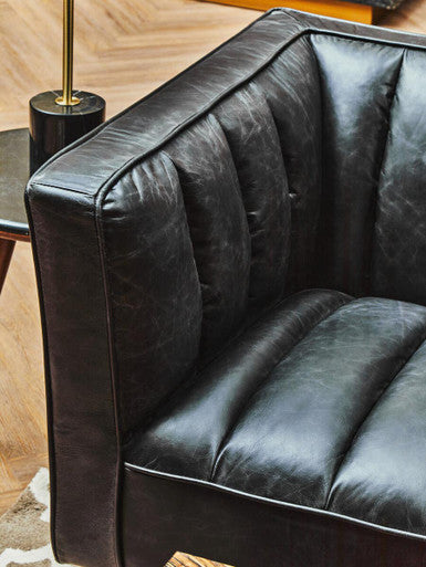 3 Seater Black Leather Sofa with Flared Arms | King